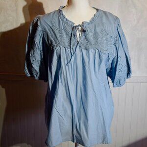 Linda Anderson Light Blue Eyelet Embroidered Peasant Blouse - Size XXL